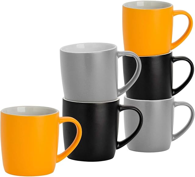 Argon Tableware 6 Piece Matt Tea and Coffee Mug Set - Modern Style Porcelain Cappuccino Latte Mugs - Black Grey Yellow - 350ml