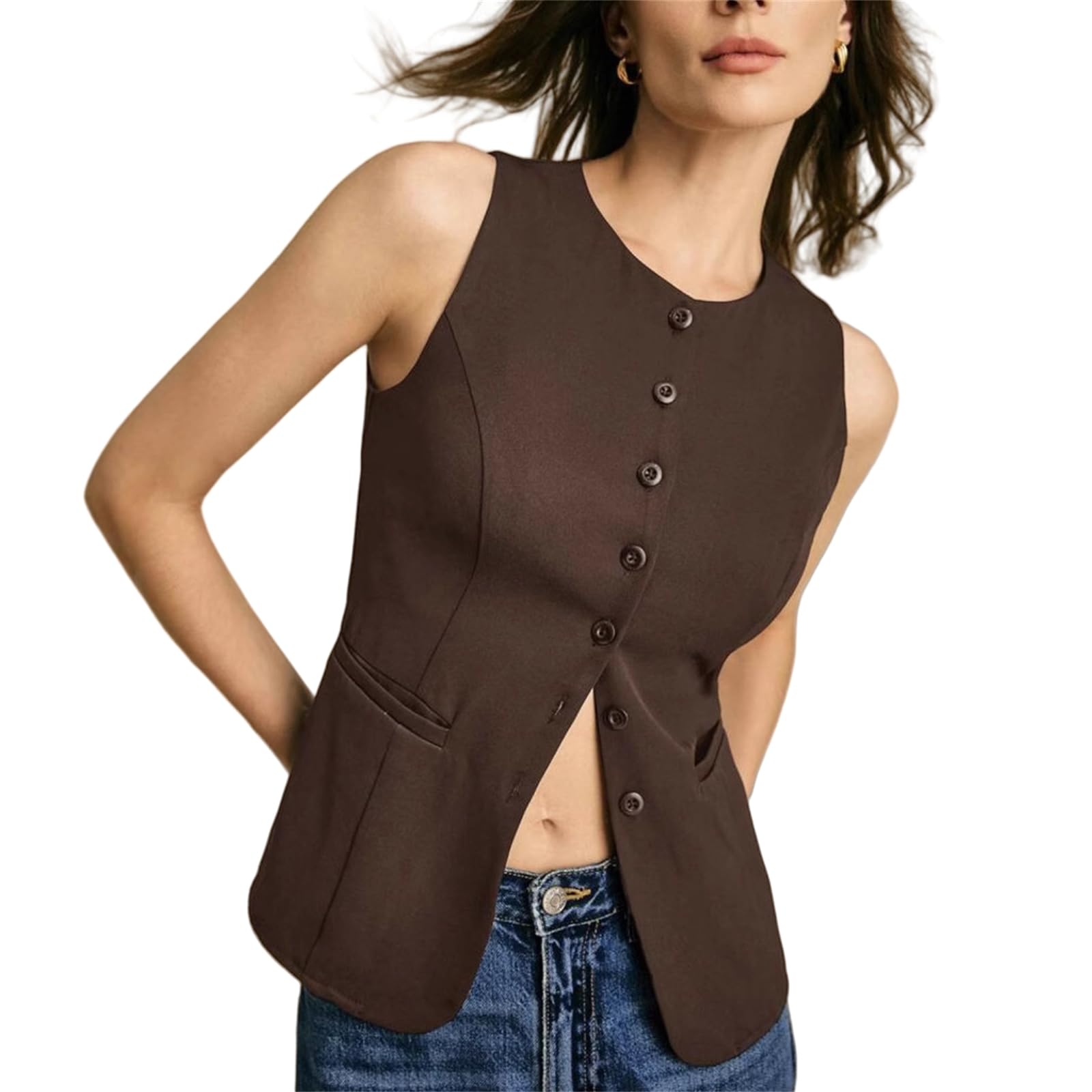 Womens Vest Top Trendy Summer Casual Sleeveless Crew Neck Button Down Blazer Waistcoat