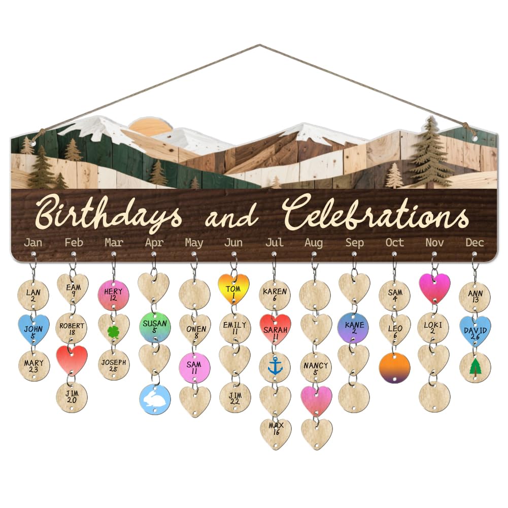 arricraft 1 Set Wooden Family Birthday Reminder Calendar Board, Mountain Pine Trees Board With 100 Pcs Tags DIY Birthday Tracker Hanging Plaque 12x40cm/4.7x15.5inch for Home Decoration Friends