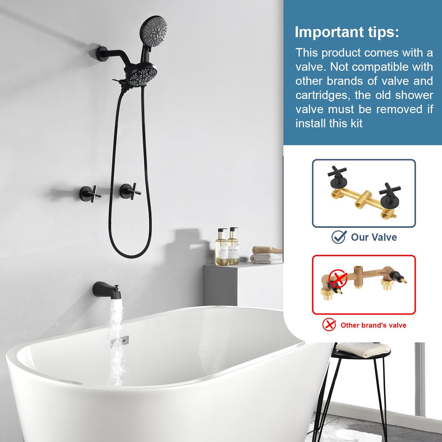 2 Handles Shower Faucet Set with Tub Spout Bathtub Shower Faucet Combo Set Shower System Complete Tub and Shower Trim Kit Matte Black Wall Mounted Shower Fixtures