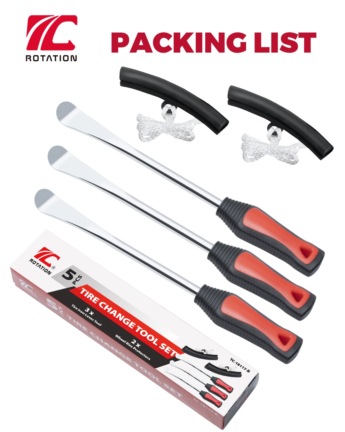 ROTATION Kit di Attrezzi Professionale per Cambio Pneumatici da 29,2 cm, in Acciaio, per Moto, Moto da Cross, Tosaerba, 3 cucchiai per Pneumatici, 2 Protezioni per Cerchioni