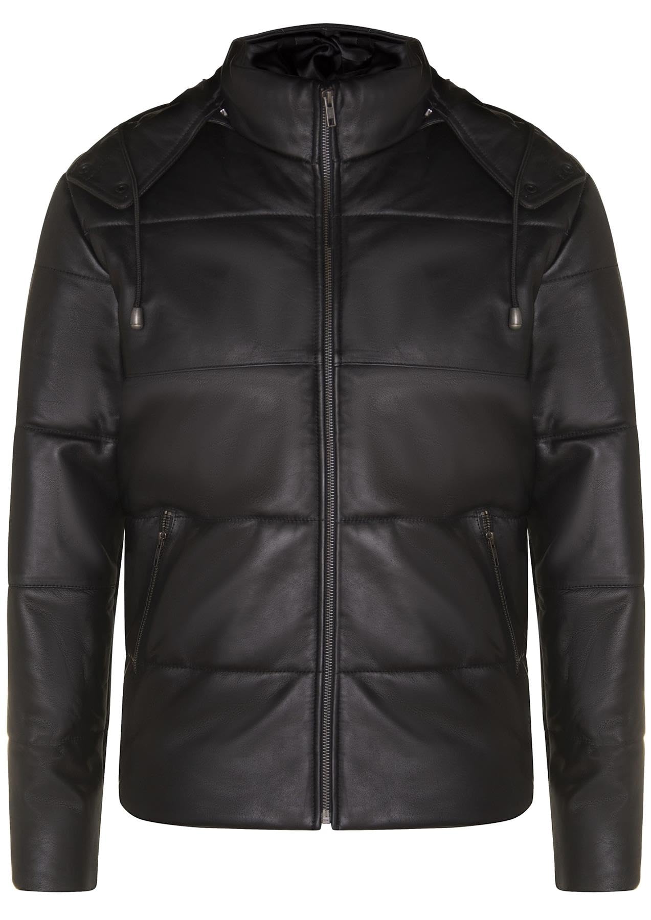 Truclothing Men's Black Puffer Hood Jacket Real Leather Brown Casual Retro 80S Classic Casual - 4XL