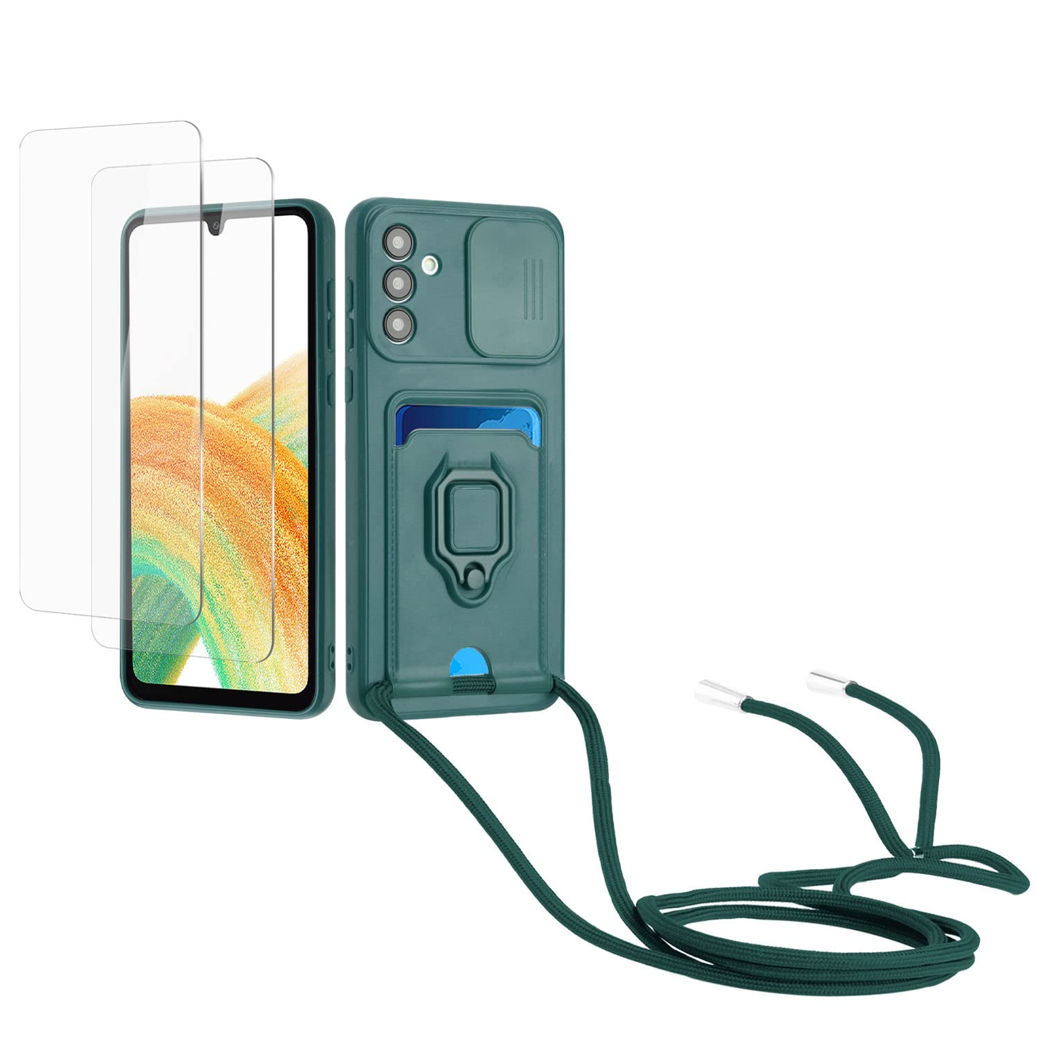 Kaslly Funda con Cuerda para Samsung Galaxy A35+[2 Pack Protector Pantalla],Case con Ranura para Tarjetas,Cubierta de Cámara Deslizante Proteger,Doble Cara Protección-Negro — view 7