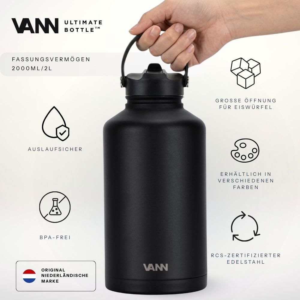 VANN Trinkflasche 2L mit Strohhalm - 3fach isoliert [24h kalt 12h warm] | Thermosflasche für Fitnessstudio, Sport - Trinkflasche Edelstahl [BPA-Frei] - Wasserflasche inkl. 5 Zubehörteile - Schwarz