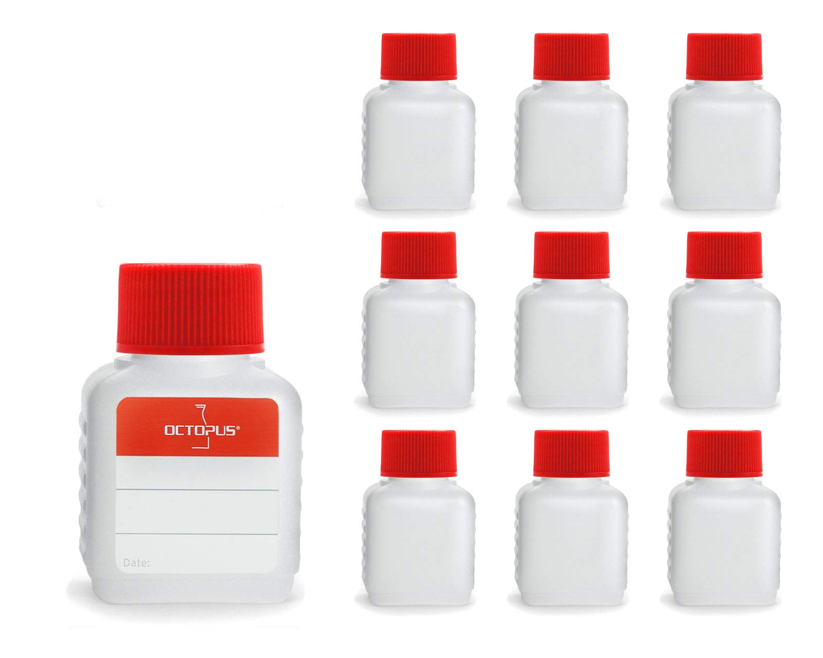 Octopus Red 10 X 50 Ml Plastic Bottles, Hdpe Plastic Bottles With Screw Caps, Empty Bottles With Screw Caps, Square Bottles Incl. 10 Labels