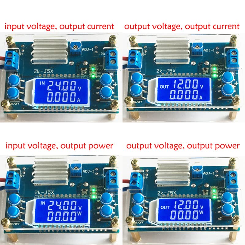 Four images showing the REES52 ZK-J5X module's LCD displaying input voltage, output current, output voltage, and output power in various combinations