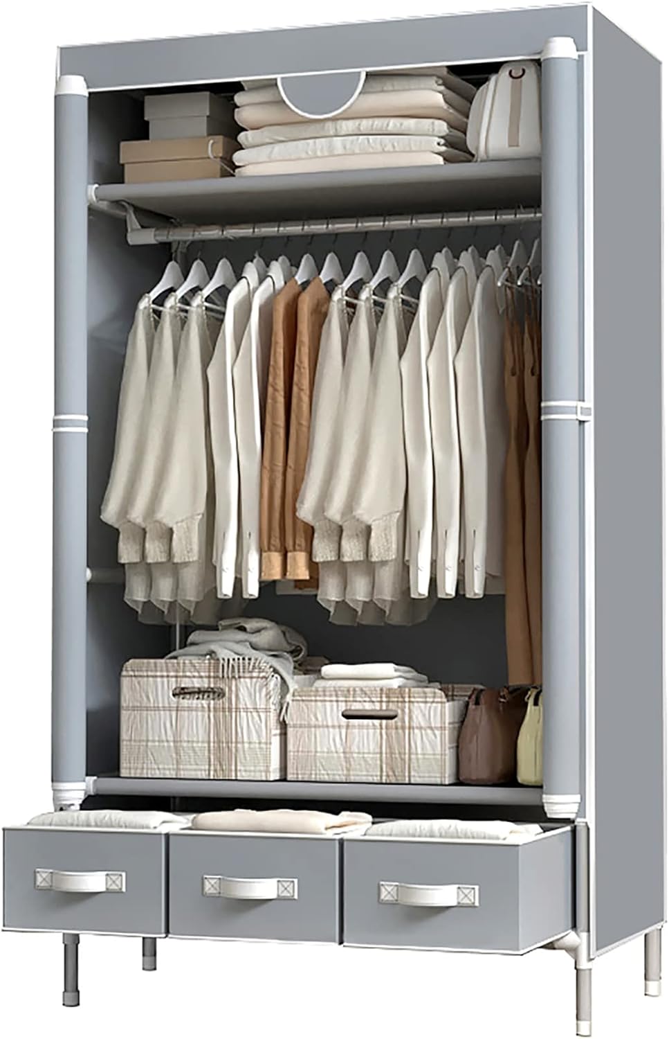 Portable Clothes Closet Rolling Door Wardrobe with Hanging Rack Non-Woven Fabric Storage Organizer with Three Drawer Boxes No-Tool Assembly - 35.4 x 17.7 x 67.0 ‘’ (Gray)