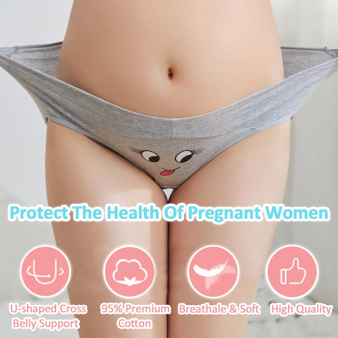 sous-Vêtements de Maternité pour Femmes Taille Basse en Forme de V Bikini Culotte de Grossesse en Coton Imprimé Sourire Culotte Extensible Respirante - Paquet de 5