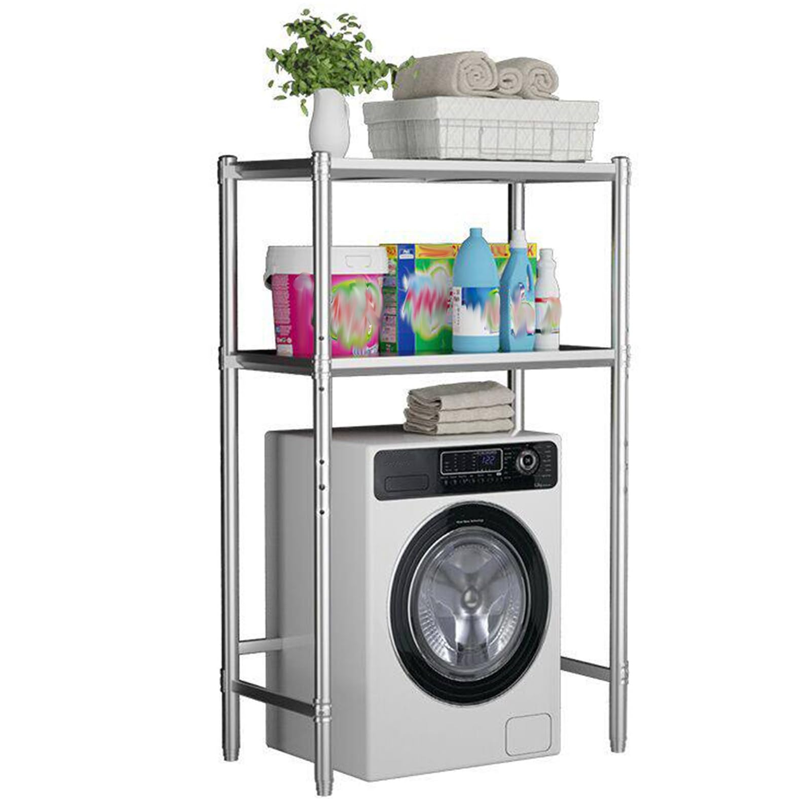 Organizer per lavanderia a 2 ripiani, in acciaio inox, per frigorifero, forno a microonde, autoportante, con ripiani regolabili, per cucina e dormitorio