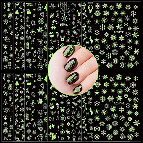 18 Sheets Luminous Christmas Nail Sticker 3D Fluorescent Mixed Pattern Self-Adhesive Nail Art Stickers Snowflakes Snowmen Christmas Elk for Women Girls Kids DIY Nail Design Manicure