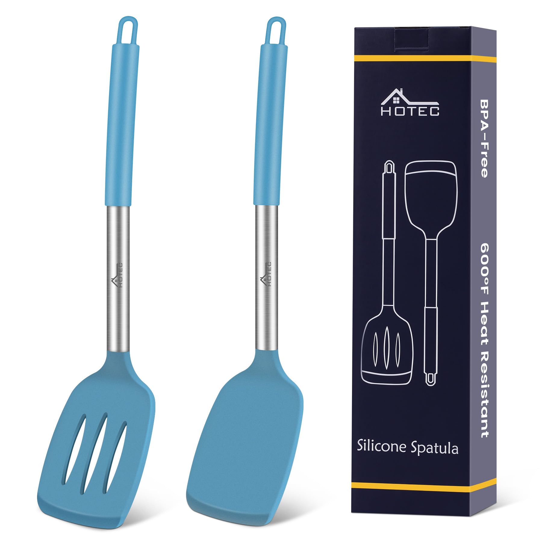 HOTEC Silicone Spatula Set of 2 Heat-Resistant 600°F & BPA-Free Kitchen SaptulaTurner with Stainless Steel Handles, Slotted & Solid Spatulas for Nonstick Cookware, 13.7 Inch, Blue