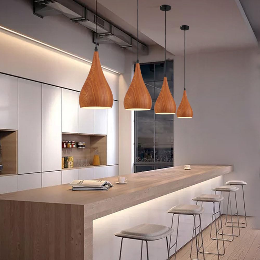 Industrial Pendant Light Fixture Bar Vintage Lighting Unique Wood Grain Metal Pendant Lamp Rustic Pendant Lights Farmhouse Kitchen Island with Adjustable Cord