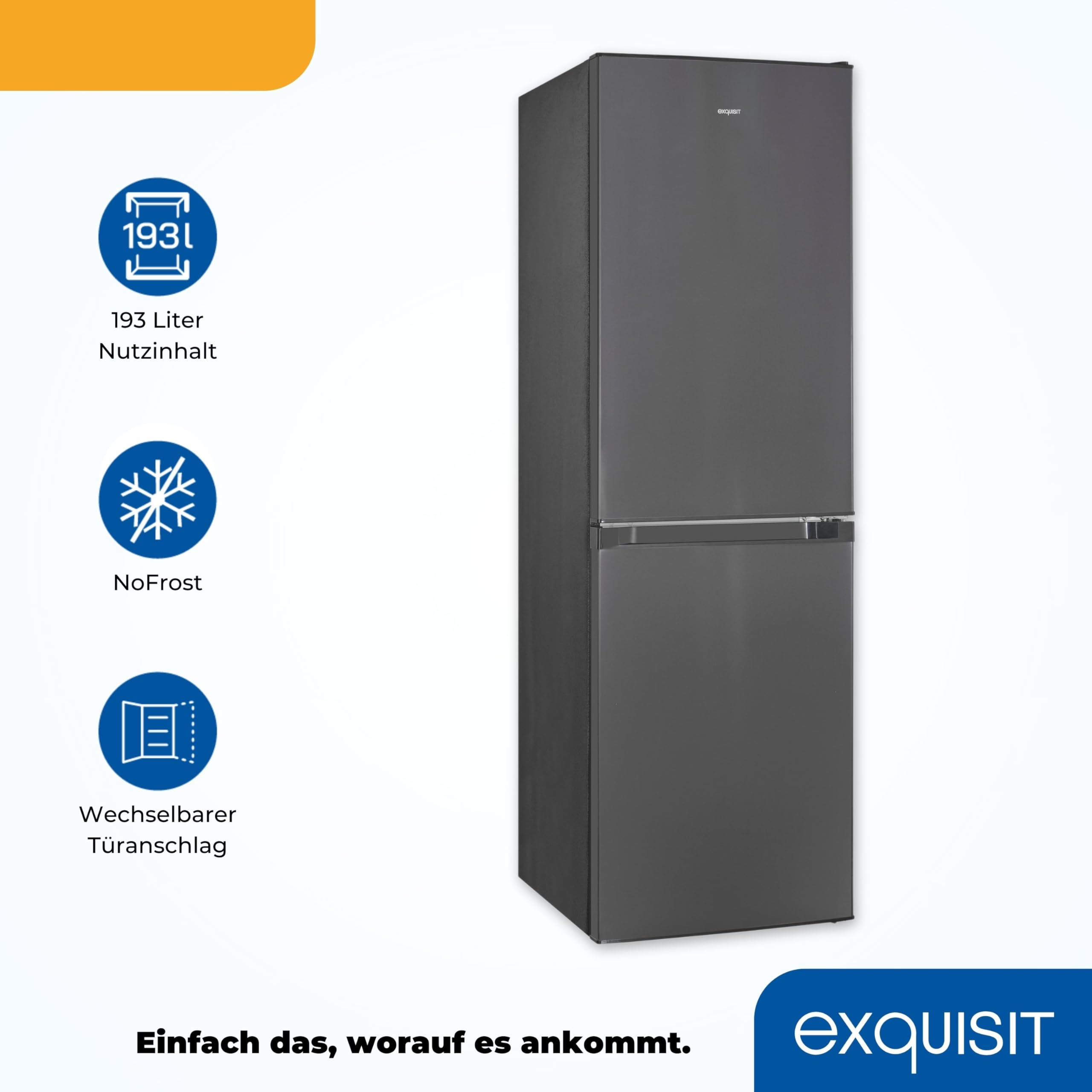 Exquisit Kühl-Gefrierkombination No Frost, 193 L, Energieklasse E | Freistehend, 54 cm breit, Inoxlook, 4-Sterne-Gefrierfach, LED-Licht, 41 dB(A), höhenverstellbare Füße