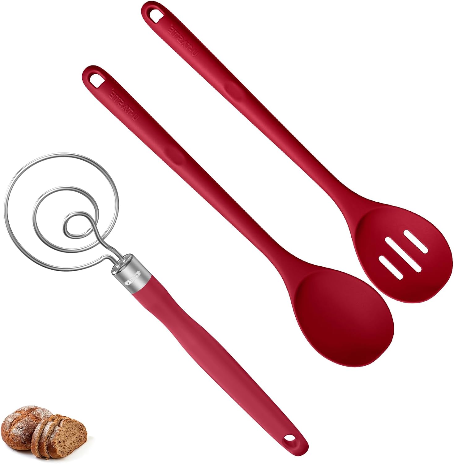 U-Taste 600ºF Heat Resistant 13.3in Solid & Slotted Silicone Spoons and 12.6in Stainless Steel Danish Dough Whisk (Red)