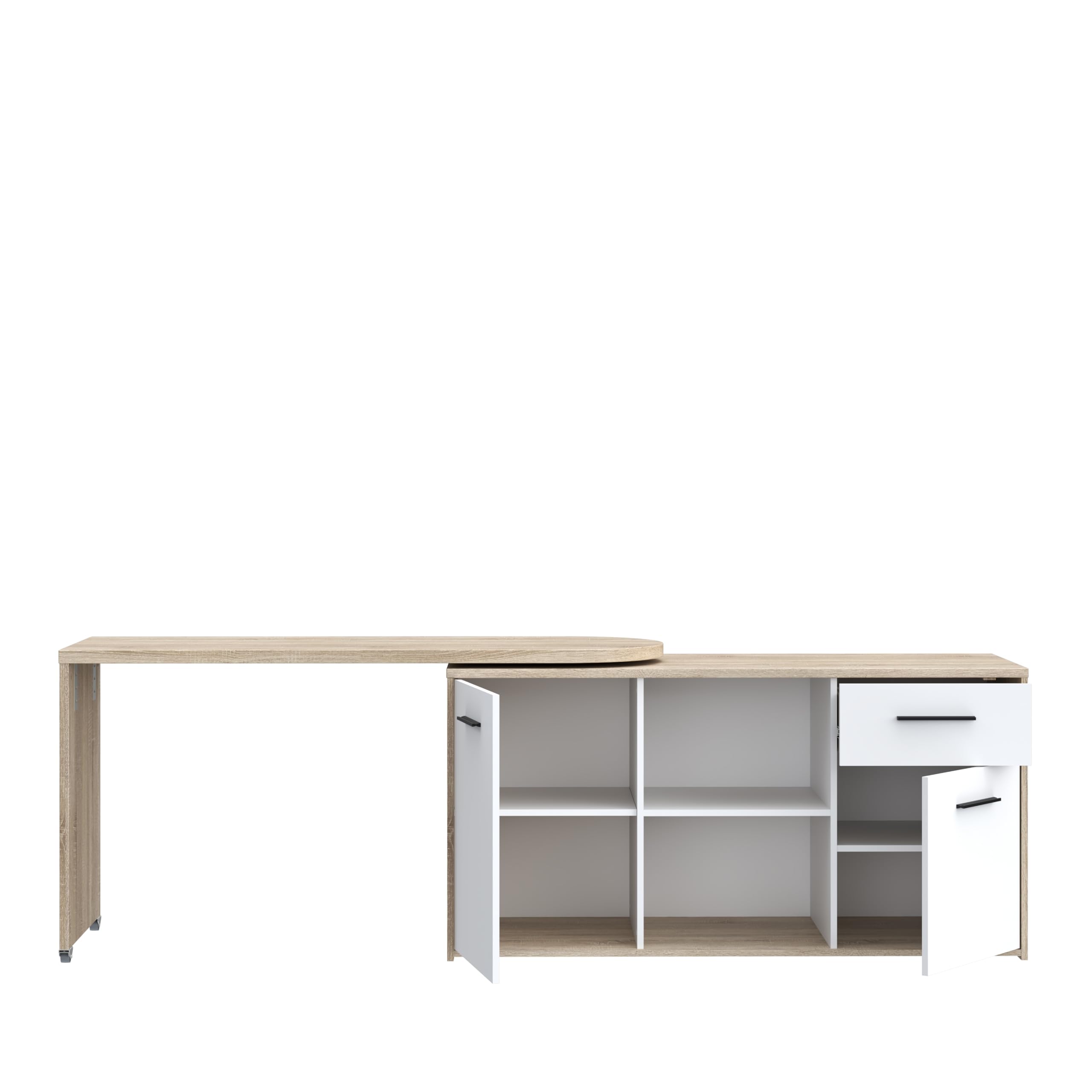 Forte ALIKLIA Schreibtisch 140 150, moderner Schreibtisch mit 1 Schublade und 1 Tür, Computertisch, Home Office, Holzwerkstoff, Weiß/Sonoma Eiche Holzdekor, 144 cm breit x 74,1 cm hoch x 50 cm tief