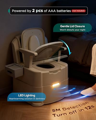 Miniatura 4 de Cómoda de noche, inodoro portátil para adultos, silla de inodoro con brazos, altura ajustable, 2 inodoros y luz nocturna de inducción, silla