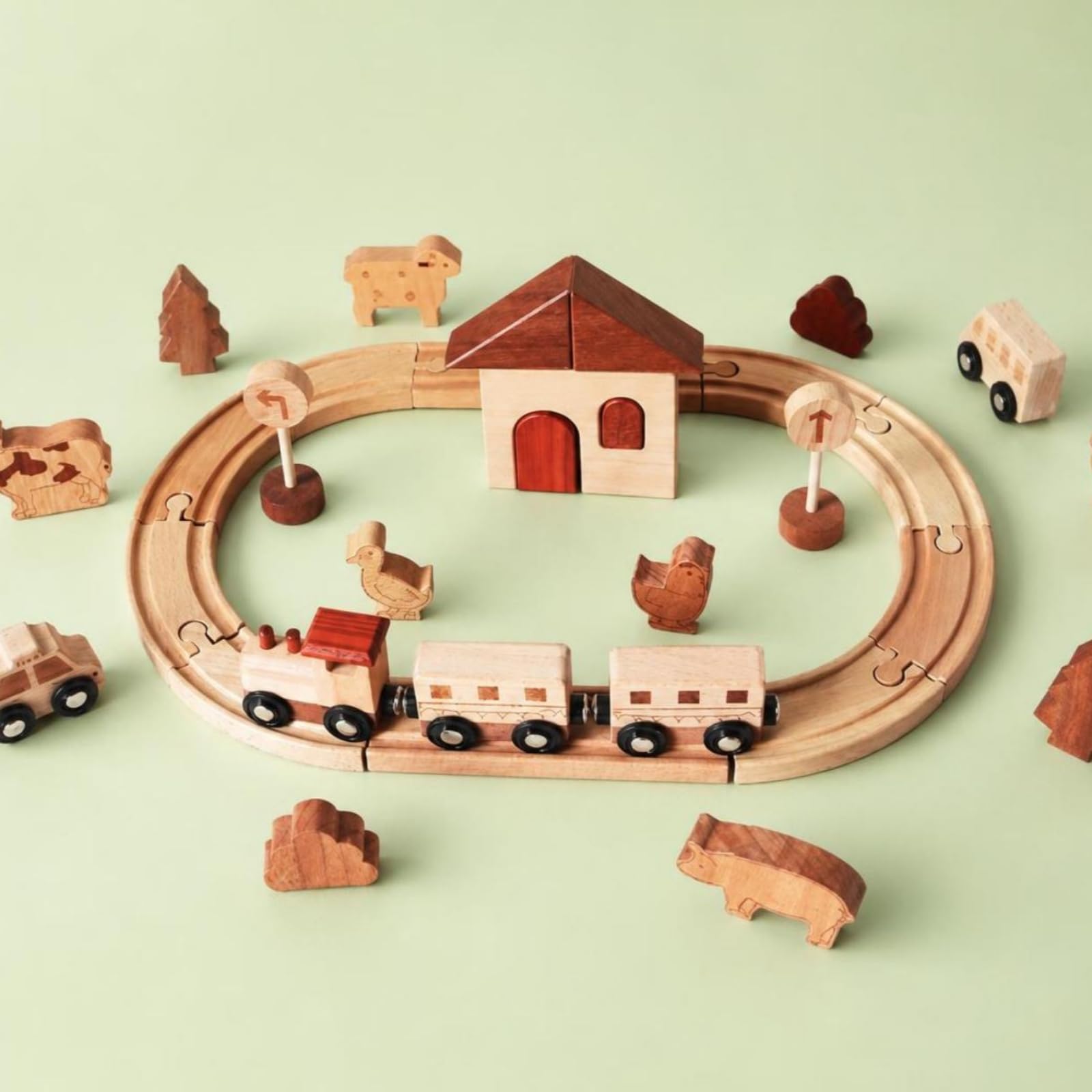 kowaku Set Ferroviario Legno Colori Rosso Marrone e Beige Pezzi Ad Incastro Trenino Giocattolo in Legno per Bambini