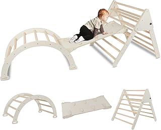 Foldable Pikler Triangle Climber with Sliding Ramp/Arch, 5 in1 Pikler Triangle Set, Wooden Montessori Climbing Toys, Toddler Play Gym,Indoor Playground Climbing Toys for Toddlers.(Wood)