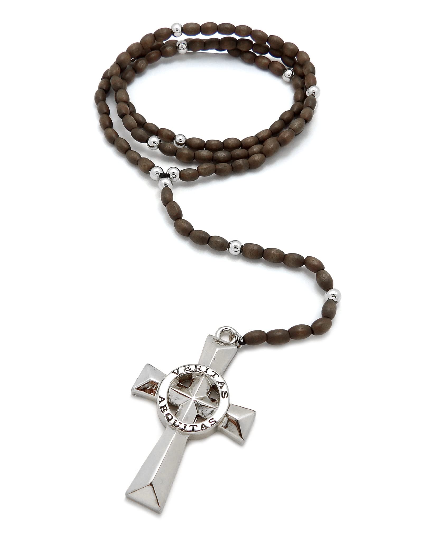 Veritas Aequitas Cross Boondock Saints Pendant 5mm/30" Wooden Bead Rosary Necklace RC4359 (Silver/Brown)