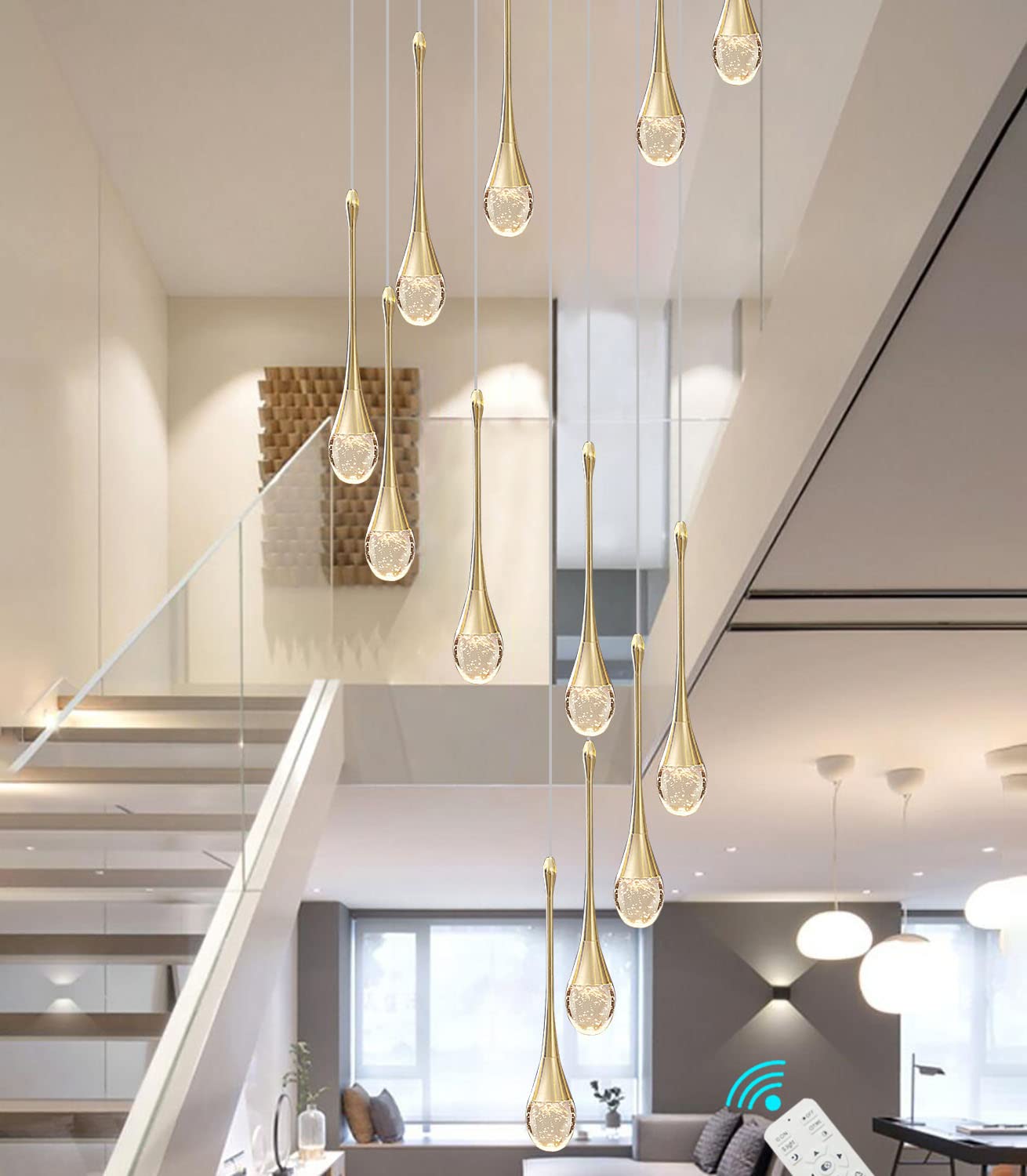 Candelabros colgantes de cristal de gota de agua de oro de 12 luces 120 '' / 305 cm Vestíbulos de techo alto Candelabros de entrada Escalera Gran burbuja de cristal 3000-6000K Dimmbale Accesorios