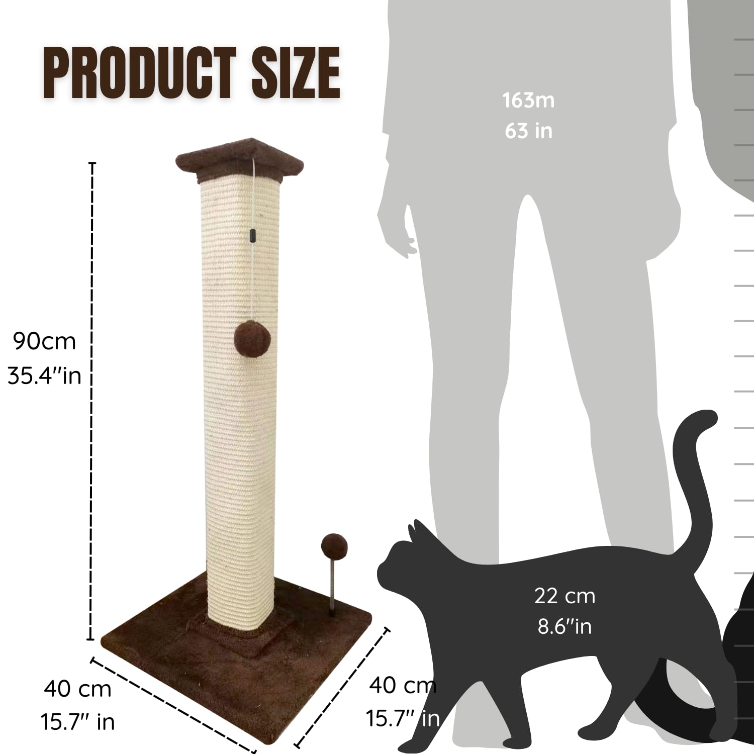 POLIPETS 35.4” Square Pilar Tall Scratching Post with Toy Ball, for Indoor Cats, Claw Scratching Pets Toy,sisal Rope Pilar Scratch Resistant, Sturdy sisal Tree with a Dangling pet Toy Ball,