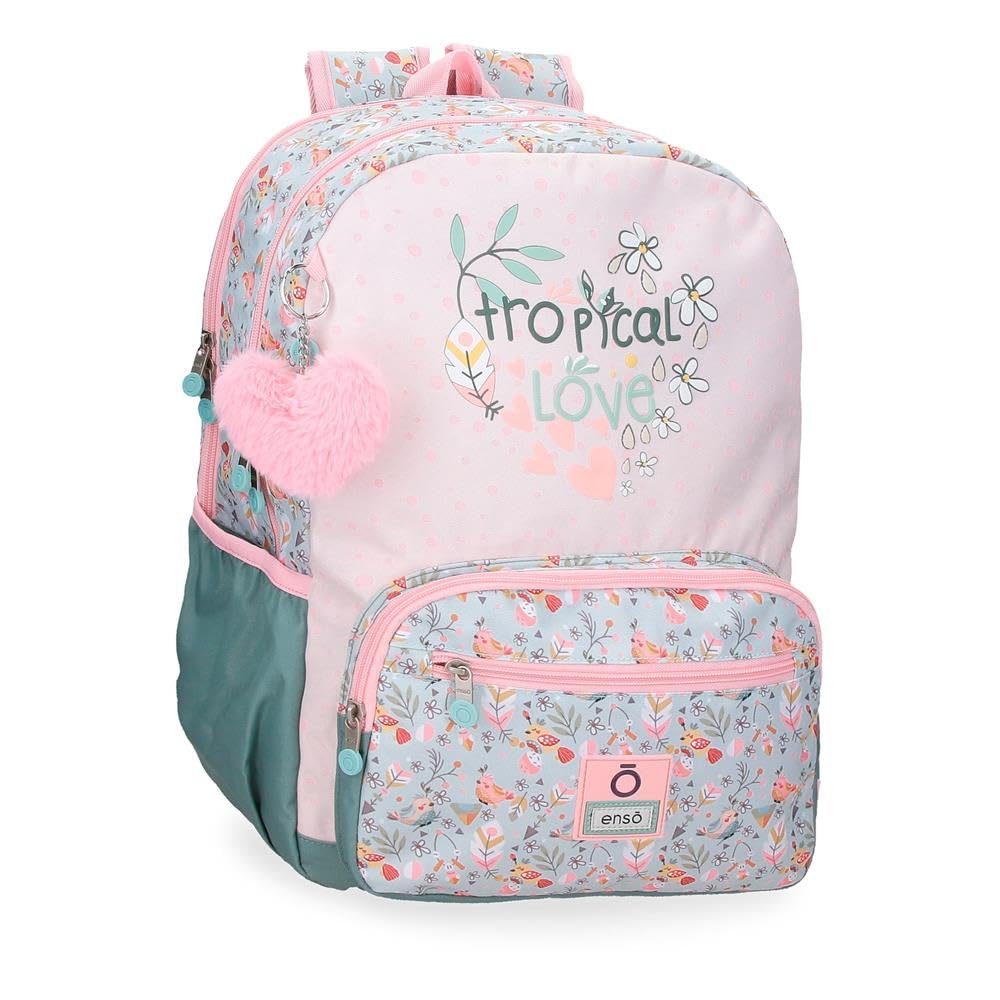 Enso Tropical love mochila escolar, mochilas infantiles, Espalda reforzada con tirantes anchos, ergonómico, fabricada en Poliéster, Incluye pompón decorativo, varios compartimentos