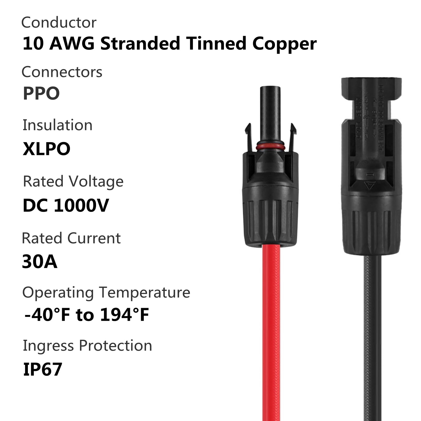 Cavo di prolunga solare con connettori femmina e maschio, 6 m, 10 AWG (rosso e nero)