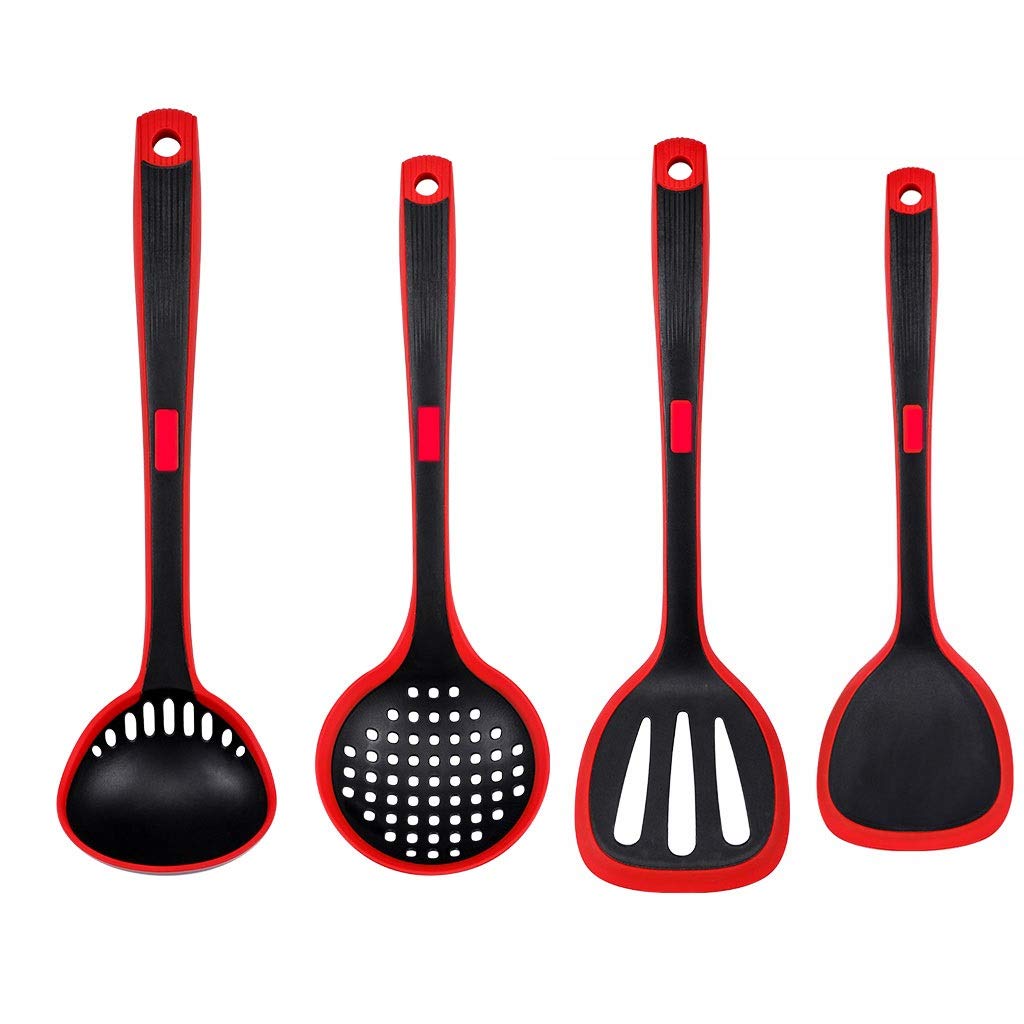 MYUYEE Kitchen Utensils Set,Silicone Cooking Kitchen Utensils Set Spatula Shovel Soup Spoon Colander Kitchenware Black Red Non-Stick Cooking Tools