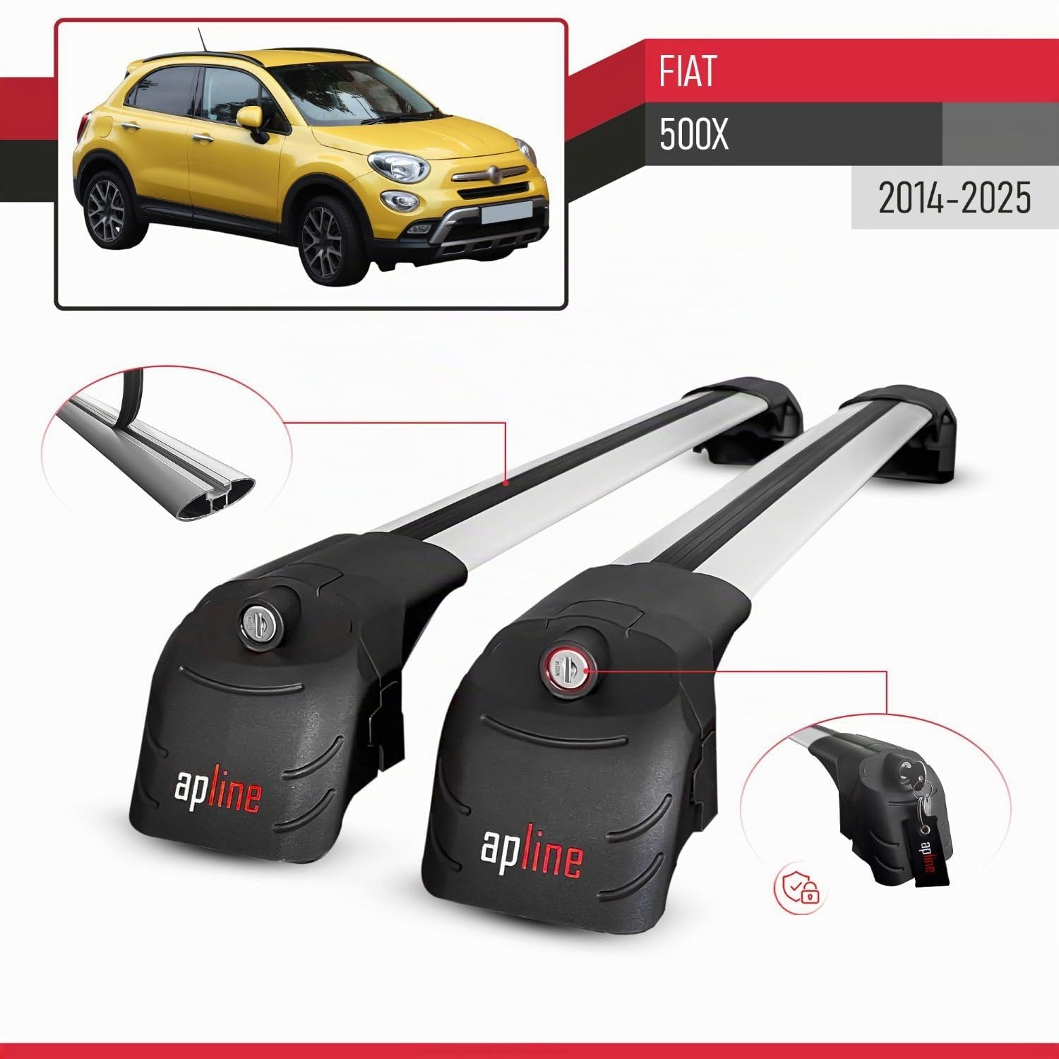 Compatible con Fiat 500 X 2014-2025 Modelo Ace-2 Barra de Techo Auto Portaequipajes Barras Transversales Gris Aluminio 2 Barras