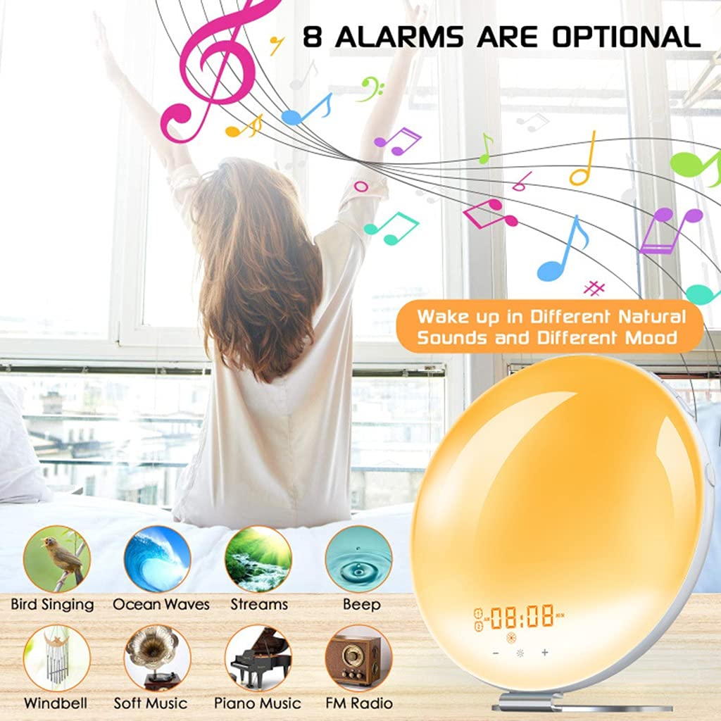 Sveglia All'alba, Doppio Allarme, Funzione Snooze, Sveglia Digitale, Radio FM e 7 Suoni Naturali e 7 Colori, Ideale per Bambini e Adulti