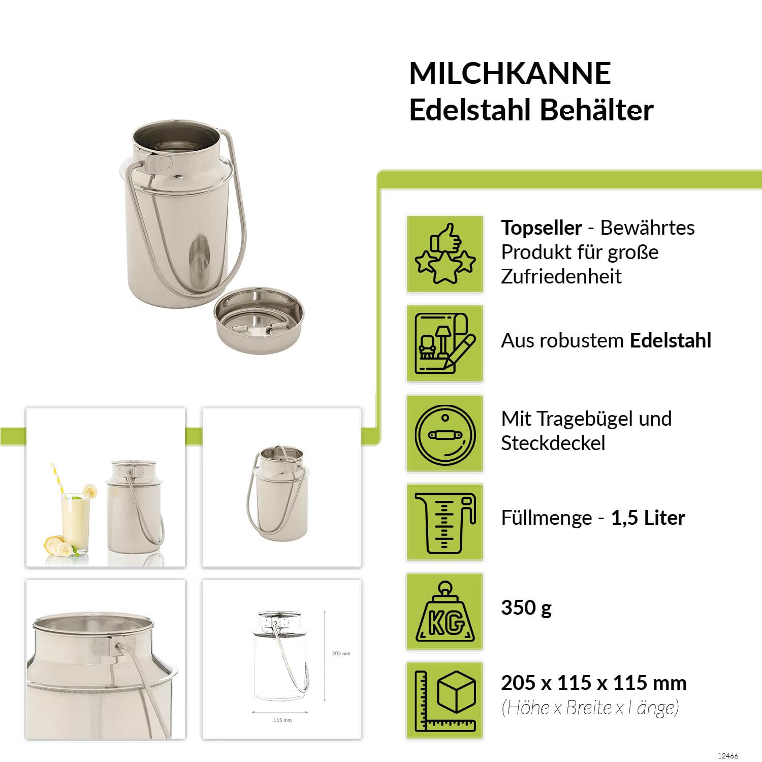 Milchkanne Edelstahl 1,5l für Soßen Milch Kaffee Küche Esstisch B:11,5 cm mit Bügel Steckdeckel Transportbehälter Kaffeekanne
