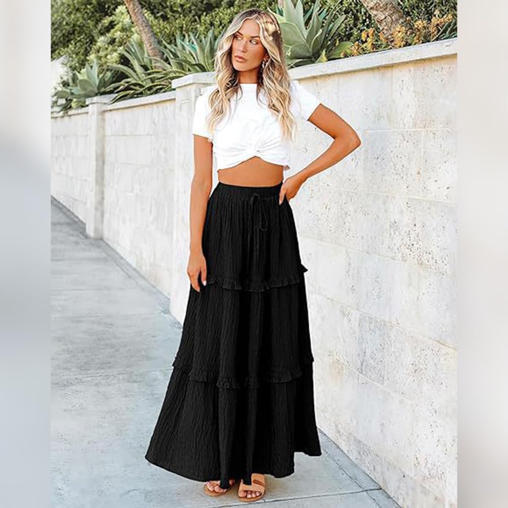 IWEMEK Jupe trapèze Taille Haute pour Femme - Jupe Longue plissée à Taille élastique - Jupe d'été évasée décontractée, Noir, Taille S