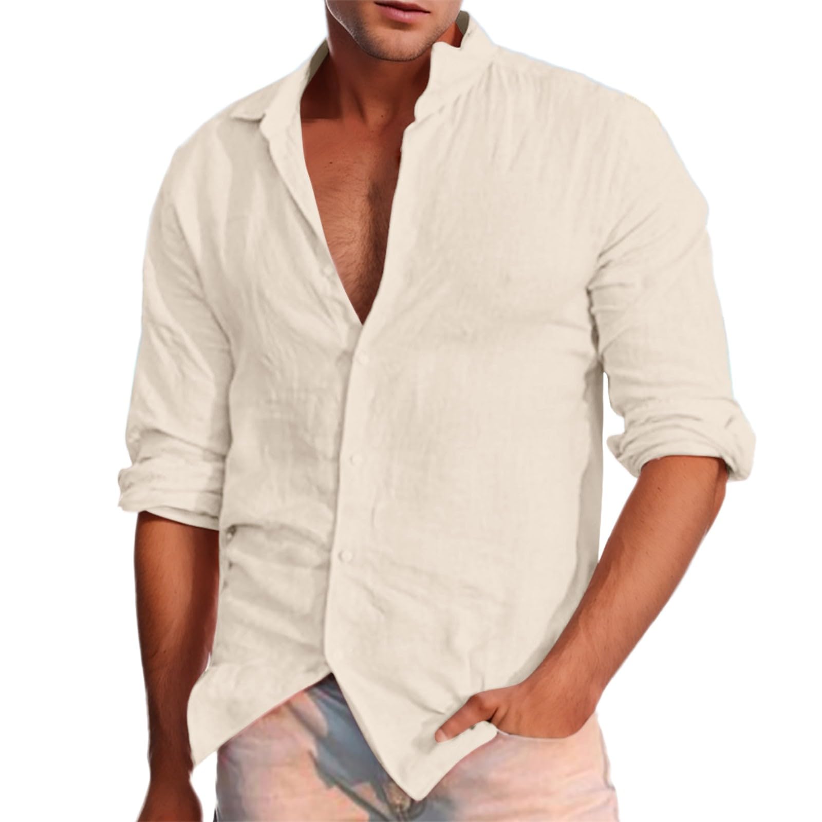 Genérico Camisa Lino Hombre Manga Larga Camisas Hombre Estampadas Manga Larga Camisas de Verano Hombre Lino Manga Corta