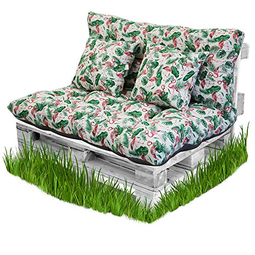 BCASE Pack Cojin Palet Fibra + Cojín Respaldo para Palés Acolchados, Cojín Relleno, Incluyen Cojín de Respaldo y Asiento, Ideal para Jardín, Terraza, Patio y Balcón, Flamenco Cover