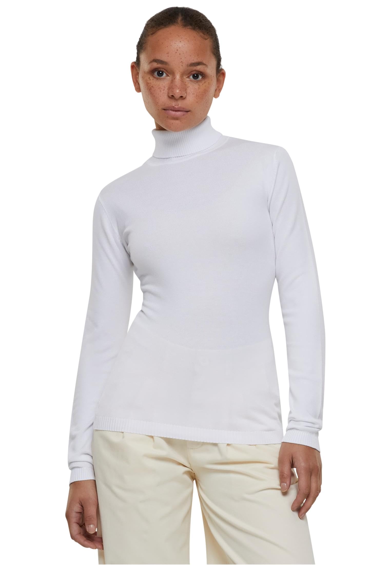 Urban Classics Women's Ladies Knitted Turtleneck Sweater Sweatshirt, White,
