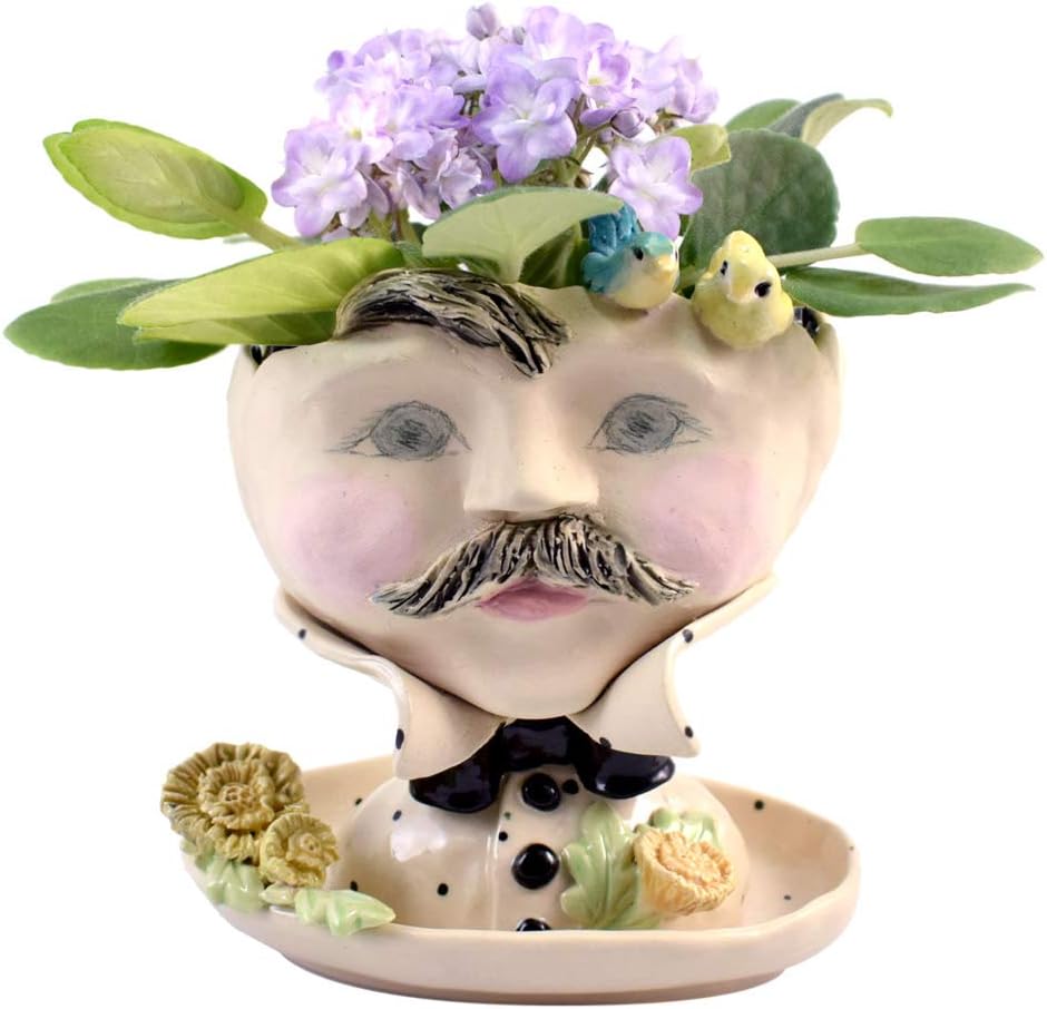Modern Artisans Victorian Lovelies Sculpted Pottery Indoor Head Planter: Dapper Dan-delion Version, 6.5" Tall