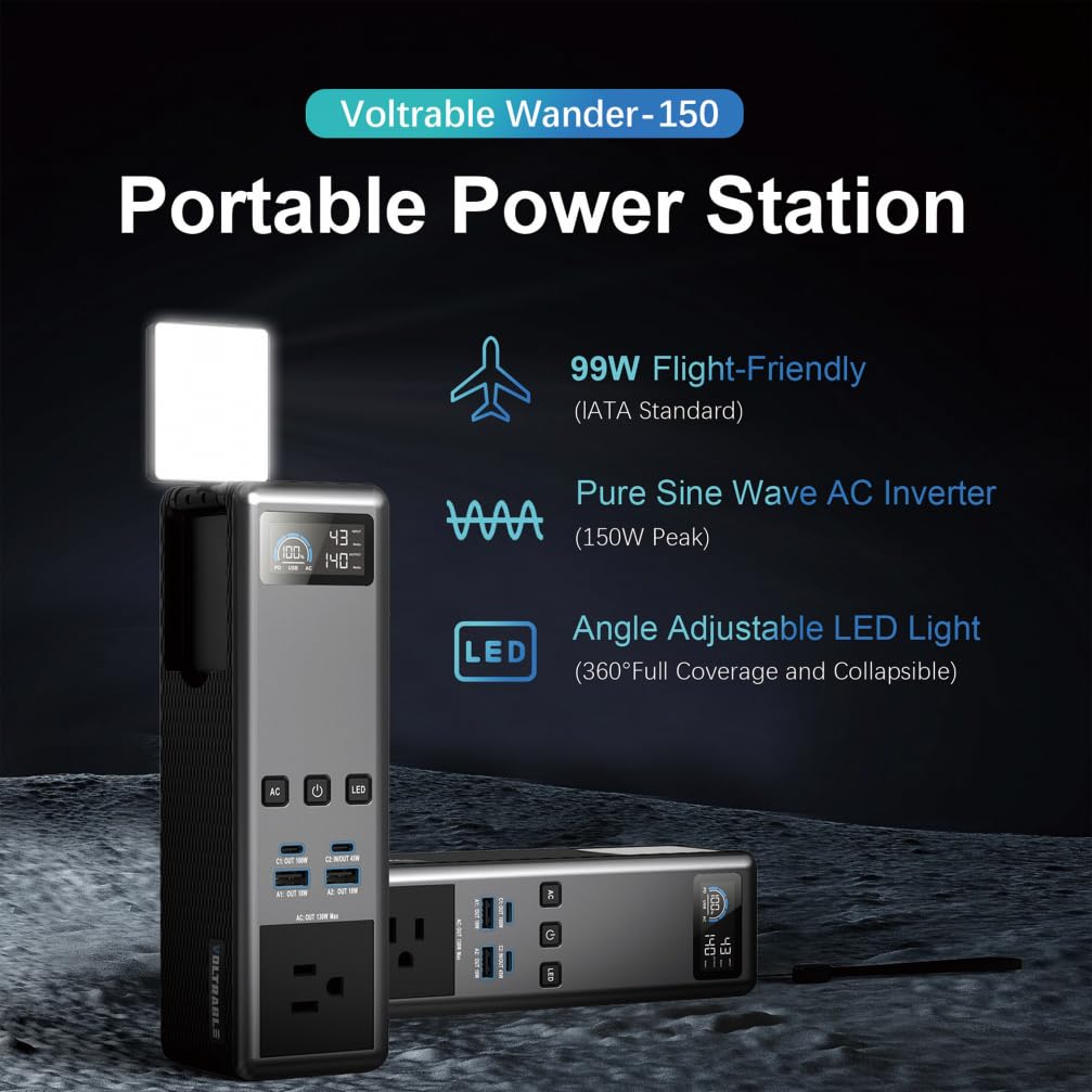 Stazione di alimentazione portatile da 99 Wh, presa CA da 150 W, approvata per aerei, 100 W PD USB-C, batteria compatta per campeggio, viaggi e emergenze