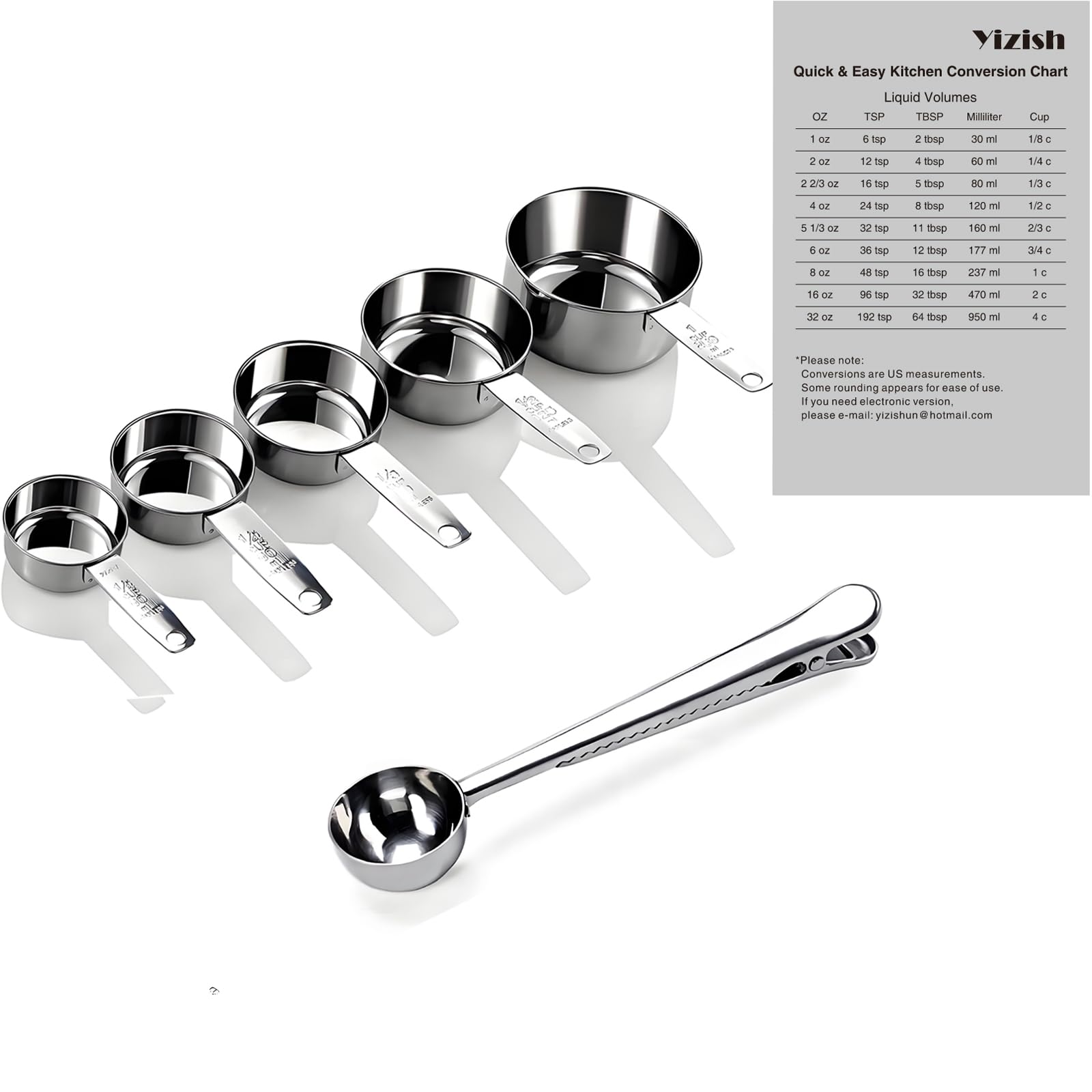 Yizish Stainless Steel Measuring Cups and Scoop with Clip, Kitchen Conversion Chart Set of 7 for Dry and Liquid Ingredients