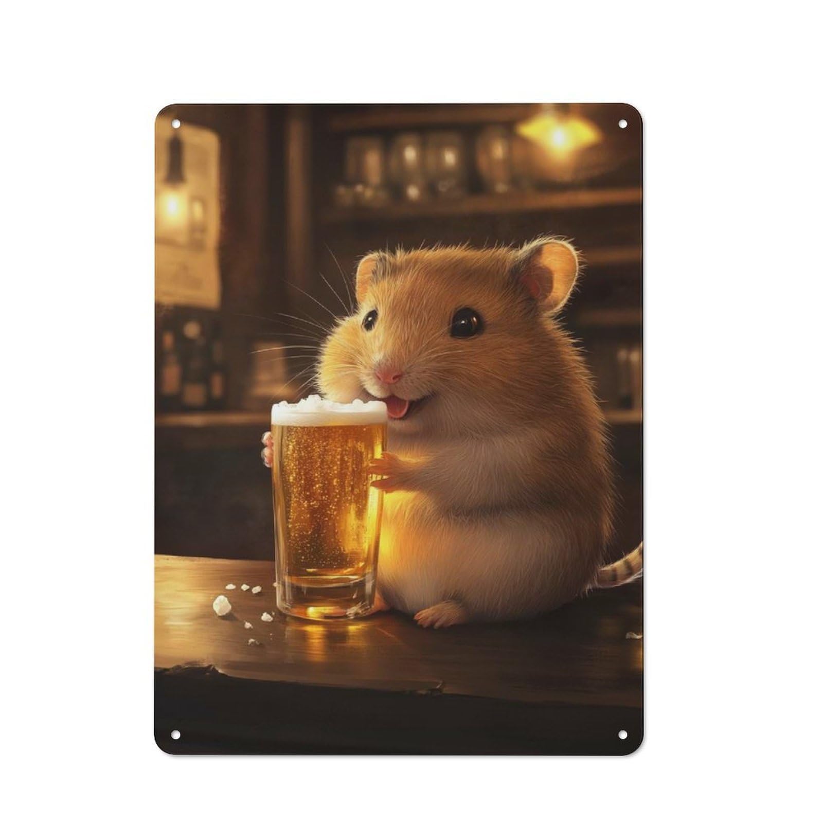Hamster with Beer in A Bar Retro Tin Wall Plaque 40x30cm for Hobby Room Or Studio, for Garage, Workshop And Man Cave Decoration