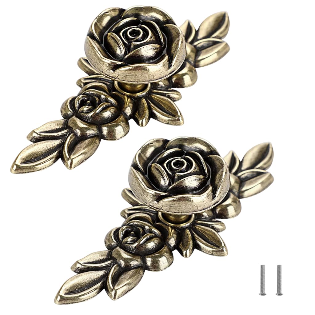 HASTHIP® Cabinet Drawer Pull Knobs - 2pcs Euro Rose Decorative Cabinet Knobs with Plate Floral Drawer Knob Cupboard Door Handle, Cabinets Handles Knob for Dresser Cabinets-Metallic-image-0