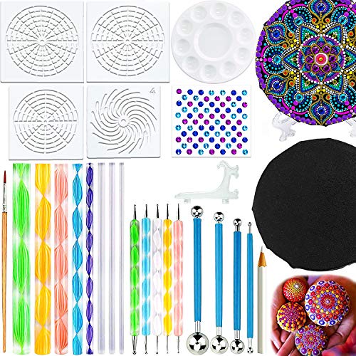 BOKIN 27PCS Mandala Dotting Tools Stencil Set Ball Stylus Outline Brush Tray Paint for Canvas Rocks Crafting Drafting with Gemstone Sticker Christmas Gift for Adults