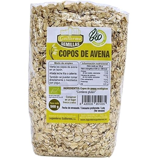 Guillermo | Copos de avena BIO - Paquete 500 g. | 100% ecológico | Rico en antioxidantes | Ayuda a reducir el colesterol | Ayuda a bajar de peso
