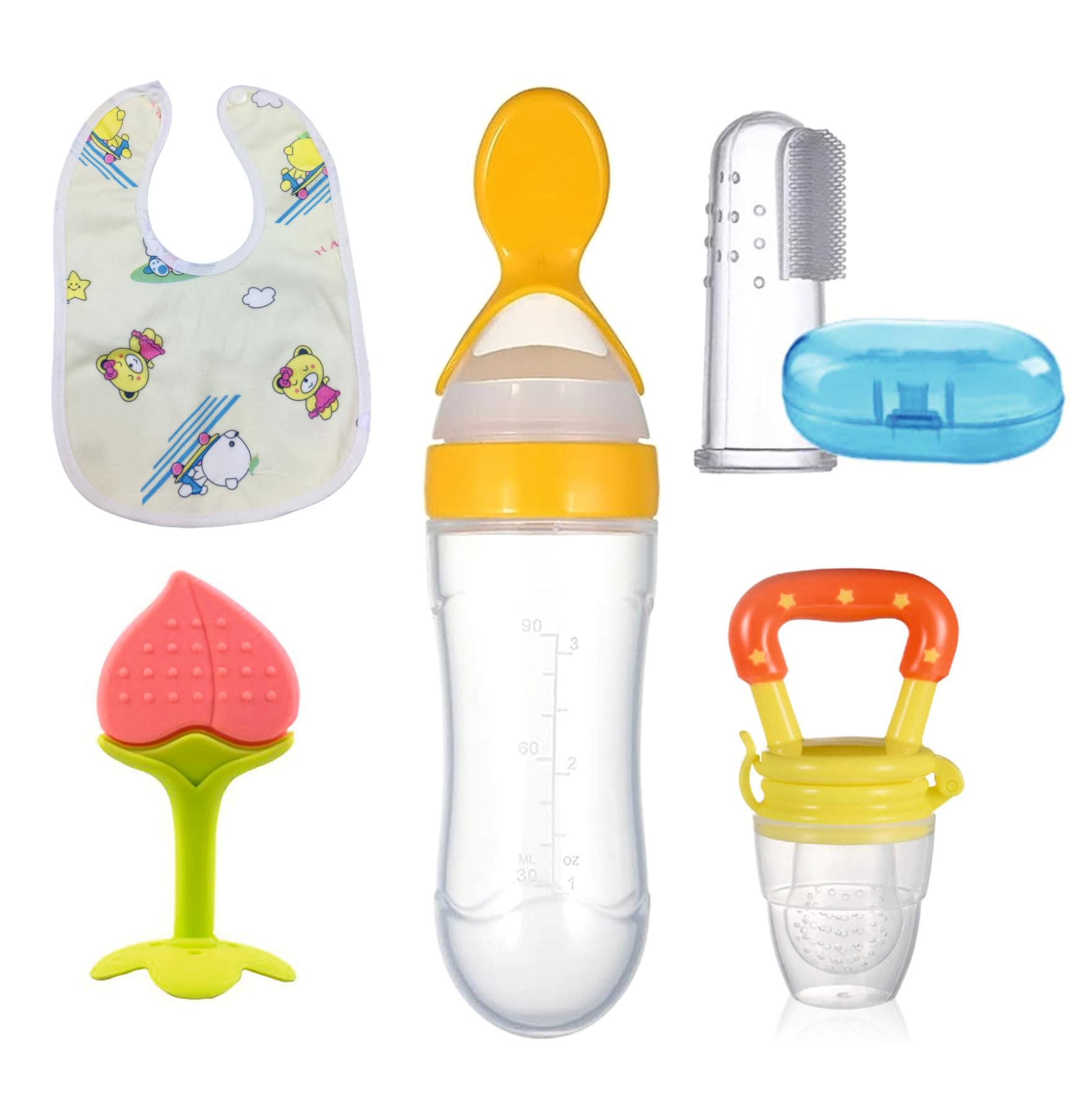 Roforuf Silicone Baby Food Dispensing Spoon Bottle 90ML 1pc, Fruit Feeder/Nibbler/Pacifier 1pc, Fruit Shape Teether 1pc, Finger Tooth Brush 1pc and Baby bib 1pc (Pack of 5 Yellow)-image-33
