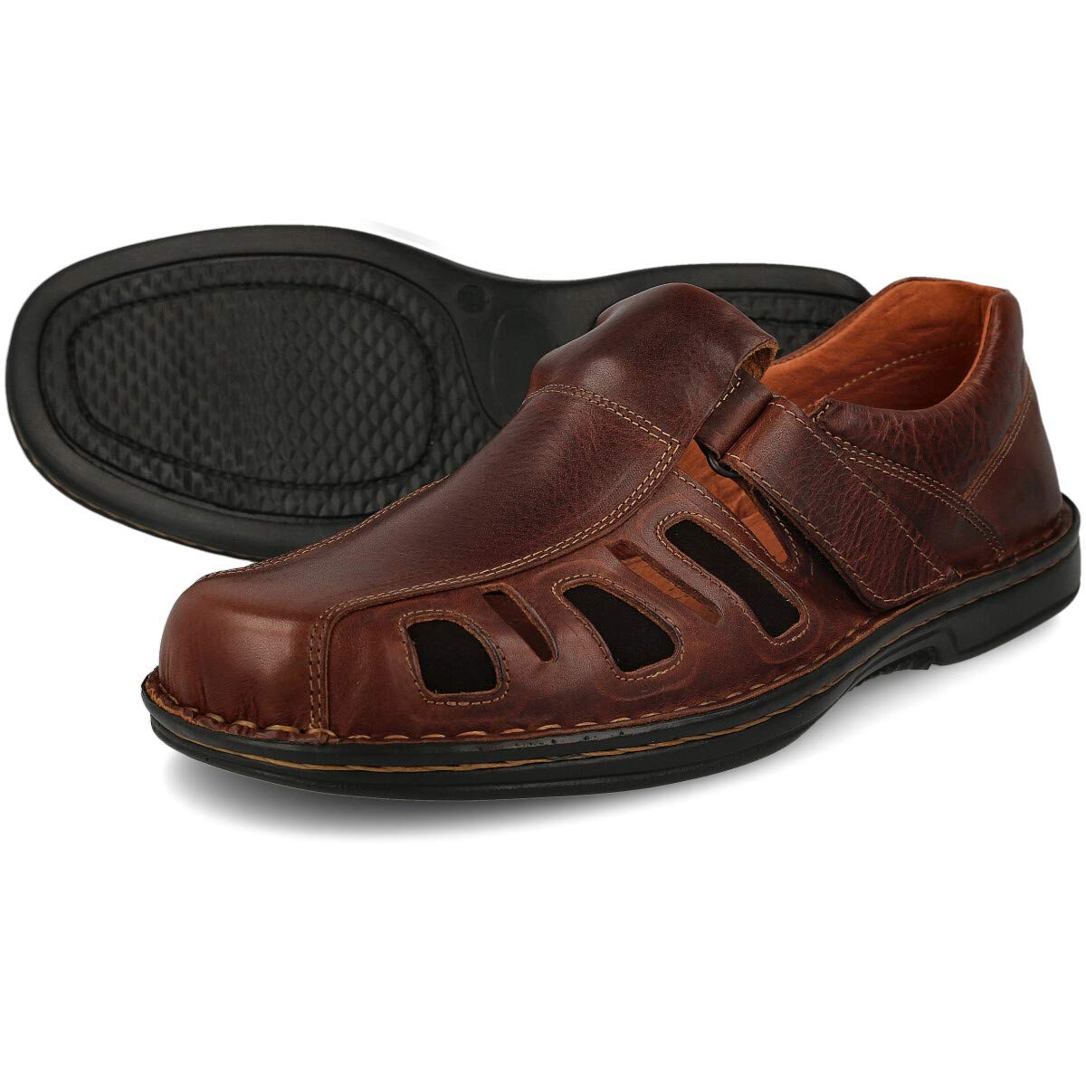 Sandali Estivi da Uomo in Pelle. Escursionismo, Trekking, Outdoor, Spiaggia. Soletta Imbottita in Microfibra. Suola di Gomma. Chiusura in Strappo. Colore Marrone Nero