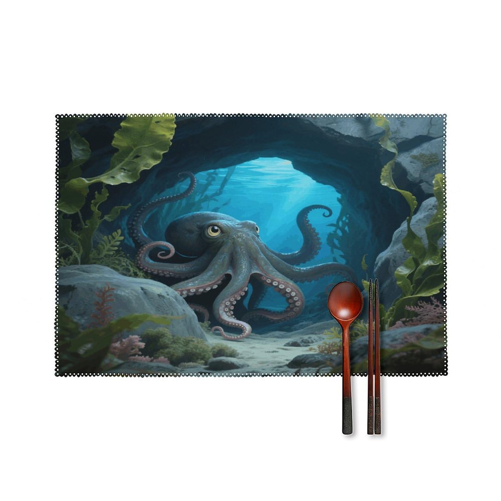 Octopus Print Placemats Set of 4 Heat Resistant Non-Slip Place Mats for Dining Table Washable Placemat Wipeable Dining Table Mat Canvas Place Mats Dining Table Decor