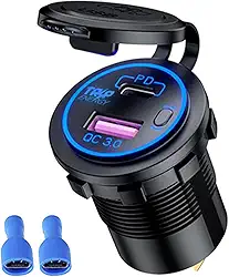 Tomada Veicular Carregador USB Turbo Acendedor Automotivo Carro Moto Onibus Caminhão 2 Saídas Dupla QC 3.0 e PD Até 18W Carga Rápida Celular (Azul)