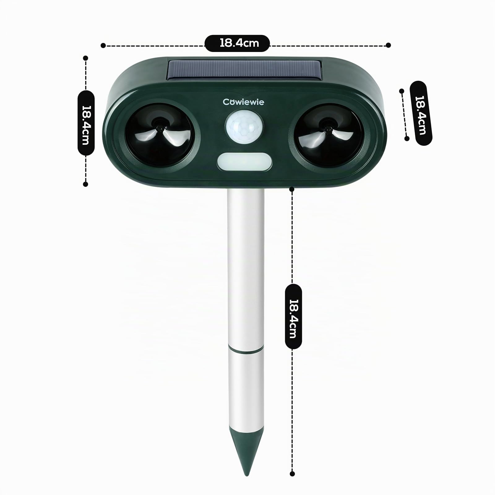 Cowiewie Dissuasore per gatti a ultrasuoni, a energia solare, impermeabile, con 5 modalità di frequenza, rilevatore di movimento PIR a 120° e luce lampeggiante, per giardino e uso esterno (verde)