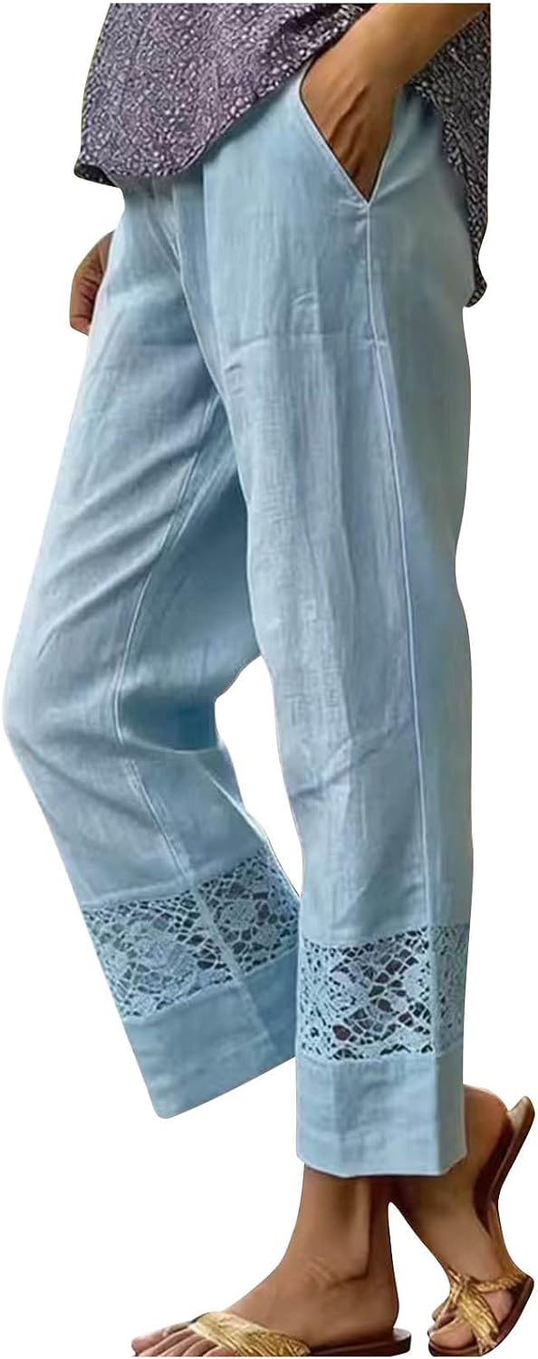 Women's Summer Pants 2026 Casual Cotton Linen Wide Leg Cropped Palazzo Pant Loose Elastic Waist Beach Outfits