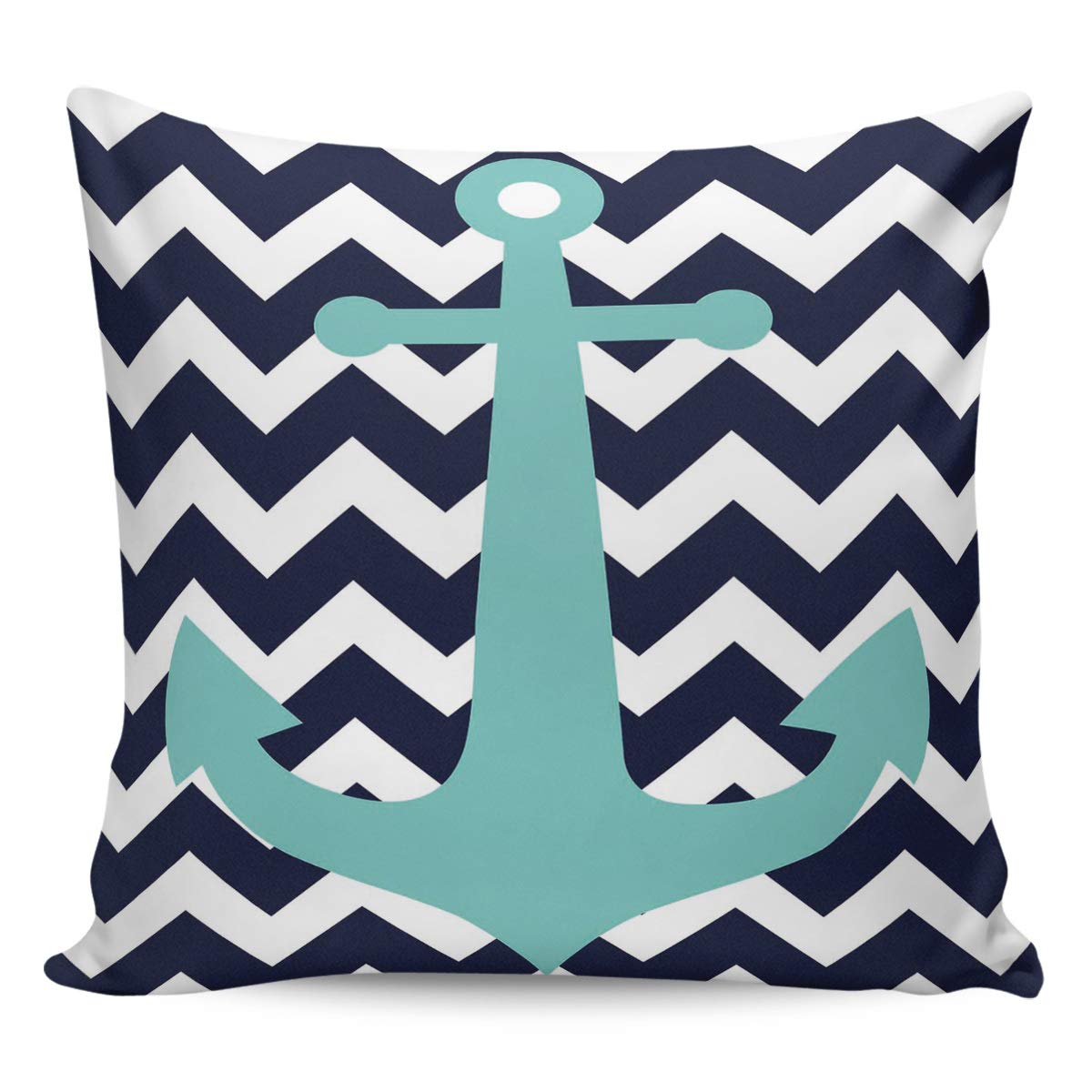 LAMANDA Nautical Teal Anchor Throw Pillow Case Cotton Linen Cushion Covers Home Decorative Navy Blue and White Chevron Striped Pillowcases for Sofa Couch Bed Car 18" x 18" Blue