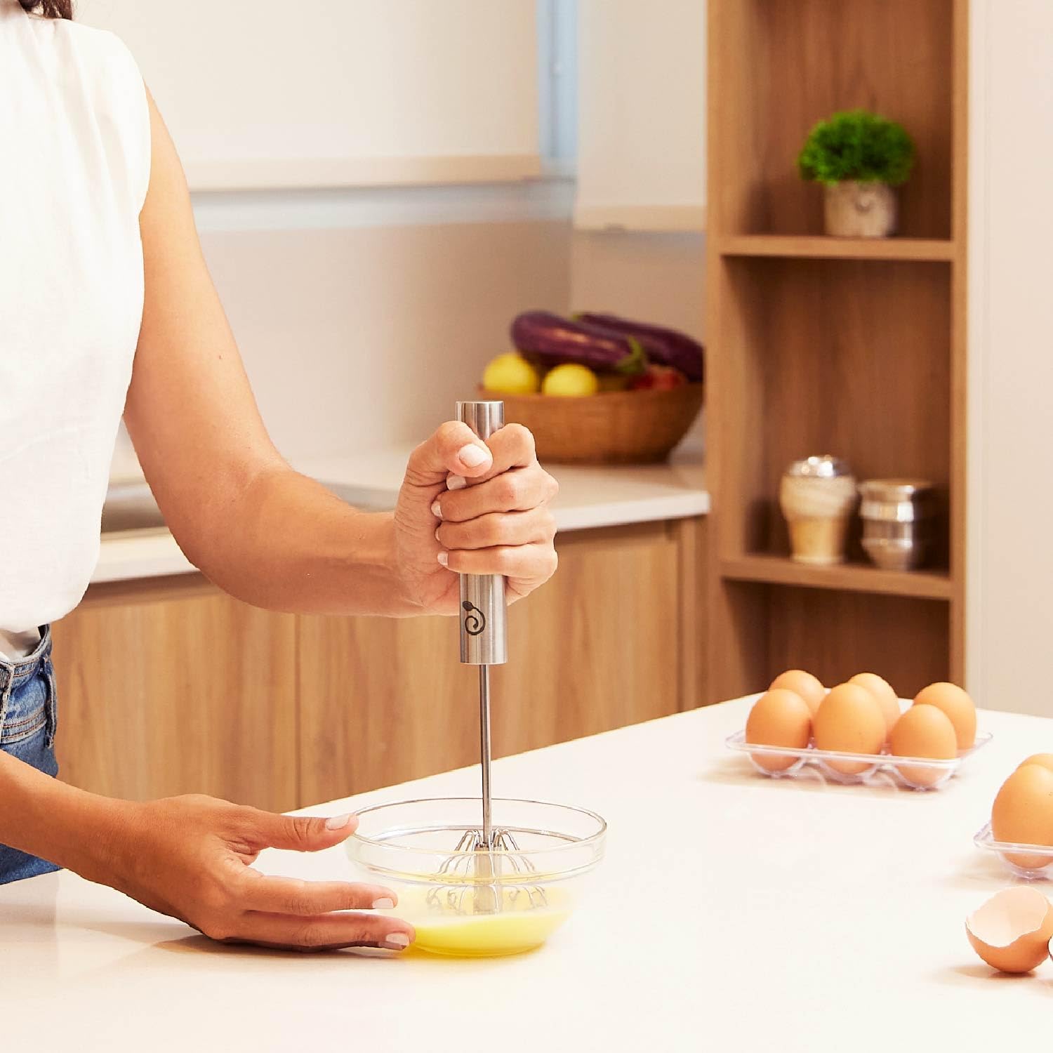 Batidor de huevos giratorio de acero inoxidable, 2 unidades, 12 y 14 pulgadas | Semiautomático | Leche espumosa | Mezcla | Mezcla